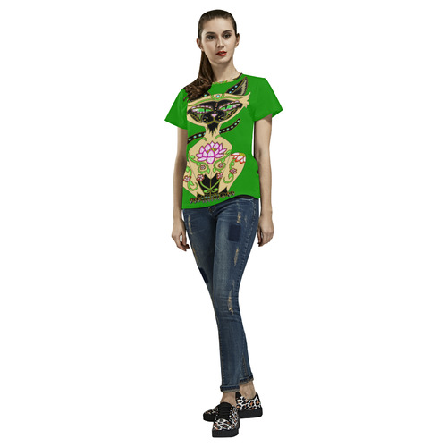 Siamese Cat Sugar Skull Green All Over Print T-Shirt for Women (USA Size) (Model T40)