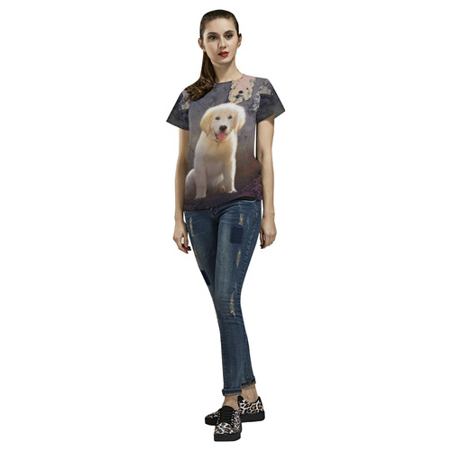 A cute painting golden retriever puppy All Over Print T-Shirt for Women (USA Size) (Model T40)