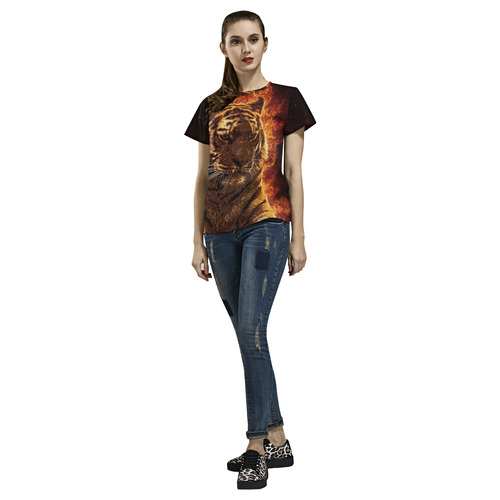 A magnificent tiger is surrounded by flames All Over Print T-Shirt for Women (USA Size) (Model T40)