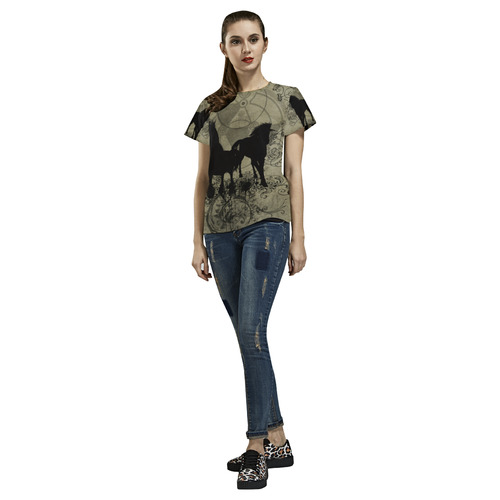 Beautiful horses, solhouette in black All Over Print T-Shirt for Women (USA Size) (Model T40)