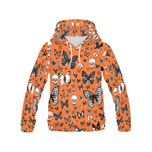 Skulls & Butterflies on Orange All Over Print Hoodie for Women (USA Size) (Model H13)