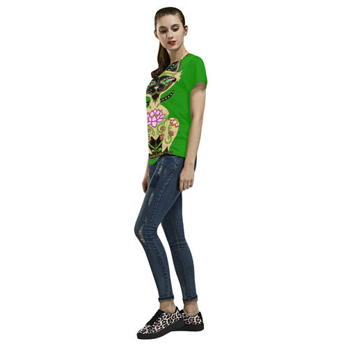 Siamese Cat Sugar Skull Green All Over Print T-Shirt for Women (USA Size) (Model T40)