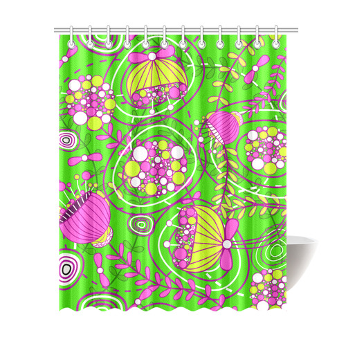 Pink Green Retro Floral Pattern Shower Curtain 69"x84"