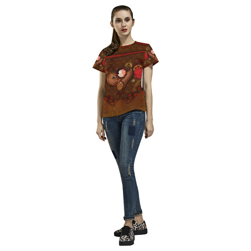 Steampunk heart with roses, valentines All Over Print T-Shirt for Women (USA Size) (Model T40)