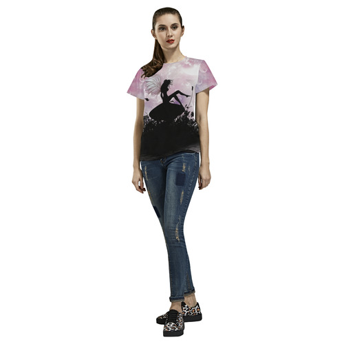 Pink Fairy Silhouette with bubbles All Over Print T-Shirt for Women (USA Size) (Model T40)