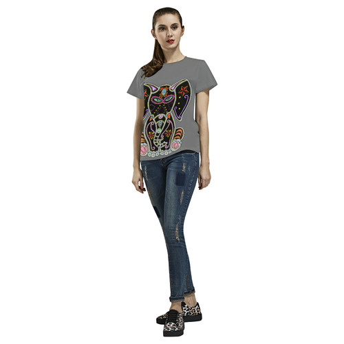 Mystical Sugar Skull Elephant Grey All Over Print T-Shirt for Women (USA Size) (Model T40)