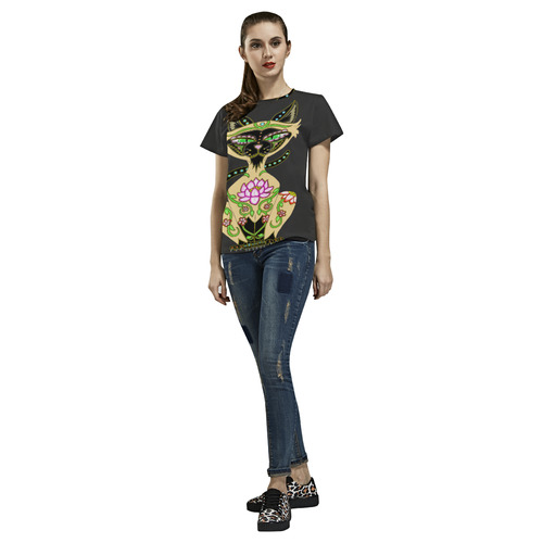 Siamese Cat Sugar Skull Black All Over Print T-Shirt for Women (USA Size) (Model T40)