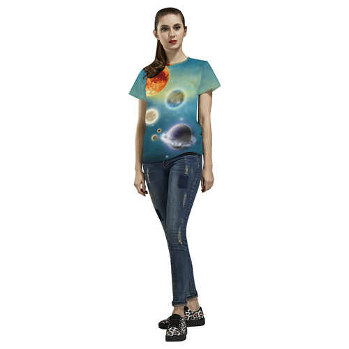 Space scenario with  meteorite sun and planets All Over Print T-Shirt for Women (USA Size) (Model T40)