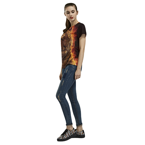 A magnificent tiger is surrounded by flames All Over Print T-Shirt for Women (USA Size) (Model T40)