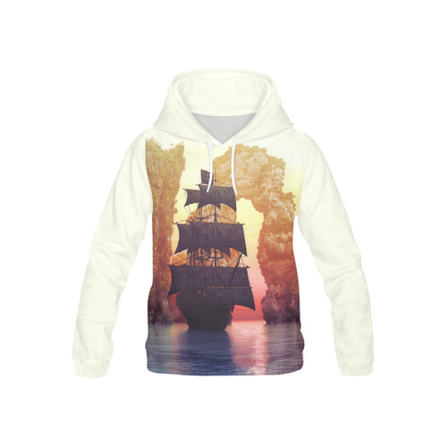 A pirate ship off an island at a sunset All Over Print Hoodie for Kid (USA Size) (Model H13)