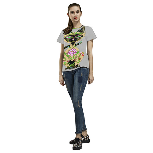 Siamese Cat Sugar Skull Light Grey All Over Print T-Shirt for Women (USA Size) (Model T40)