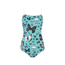 Skulls & Butterflies on light blue Strap Swimsuit ( Model S05)