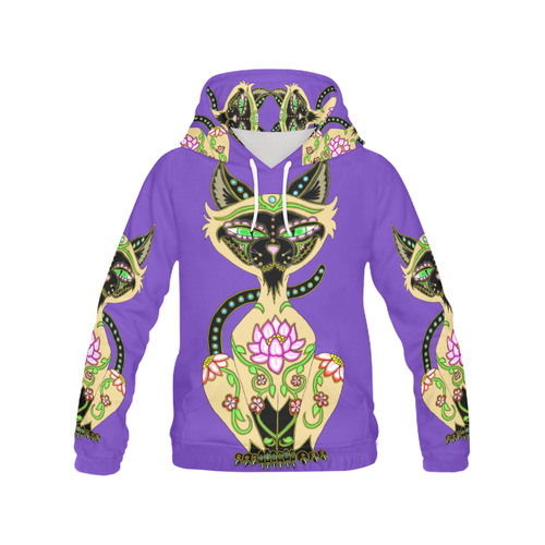 Siamese Cat Sugar Skull Purple All Over Print Hoodie for Women (USA Size) (Model H13)
