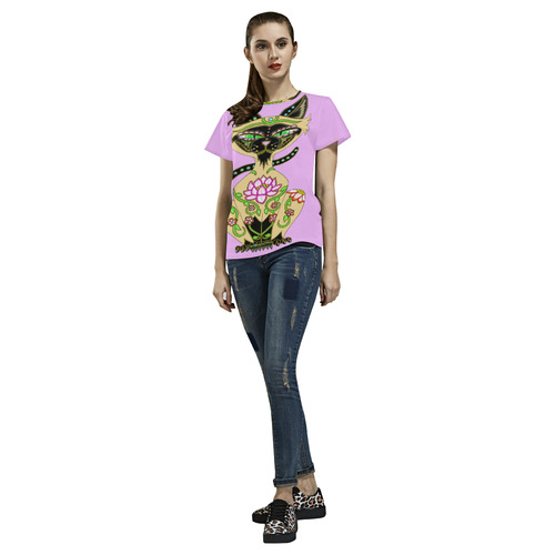 Siamese Cat Sugar Skull Lavender All Over Print T-Shirt for Women (USA Size) (Model T40)