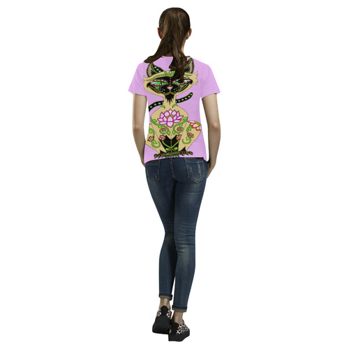 Siamese Cat Sugar Skull Lavender All Over Print T-Shirt for Women (USA Size) (Model T40)