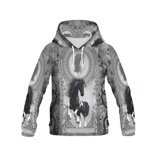 Awesome horse in black and white with flowers All Over Print Hoodie for Women (USA Size) (Model H13)