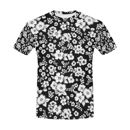 Fine Flowers Pattern Solid Black White All Over Print T-Shirt for Men (USA Size) (Model T40)