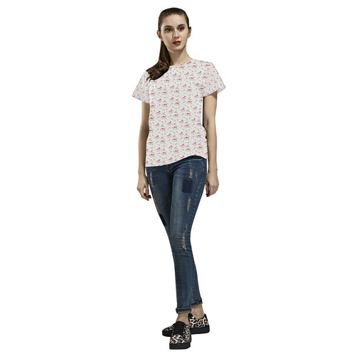 Lovely Pattern with Birds and Flowers All Over Print T-Shirt for Women (USA Size) (Model T40)