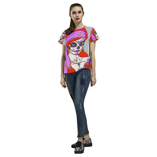 Gypsy Sugar Skull Light Grey All Over Print T-Shirt for Women (USA Size) (Model T40)