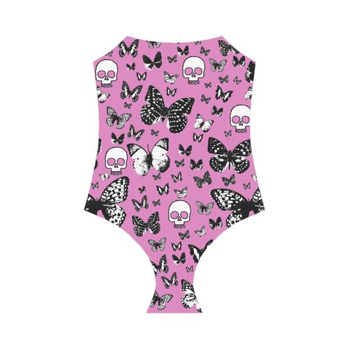 Skulls & Butterflies on light pink Strap Swimsuit ( Model S05)