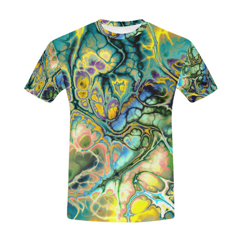 Flower Power Fractal Batik Teal Yellow Blue Salmon All Over Print T-Shirt for Men (USA Size) (Model T40)