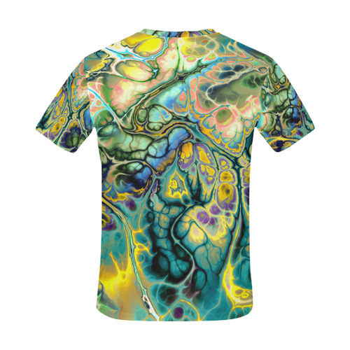 Flower Power Fractal Batik Teal Yellow Blue Salmon All Over Print T-Shirt for Men (USA Size) (Model T40)