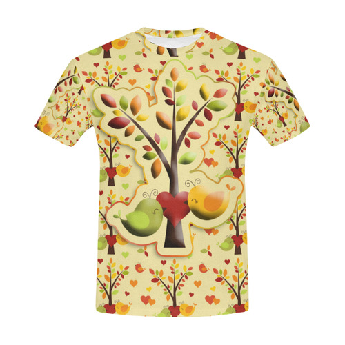 Autumn BIG LOVE Pattern TREEs, BIRDs and HEARTS All Over Print T-Shirt for Men (USA Size) (Model T40)