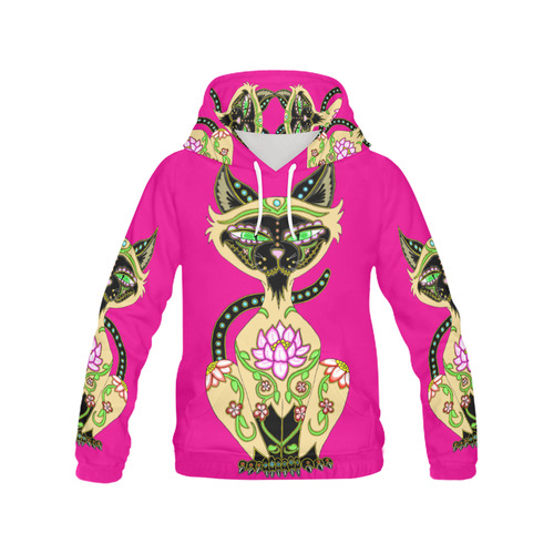 Siamese Cat Sugar Skull Pink All Over Print Hoodie for Women (USA Size) (Model H13)