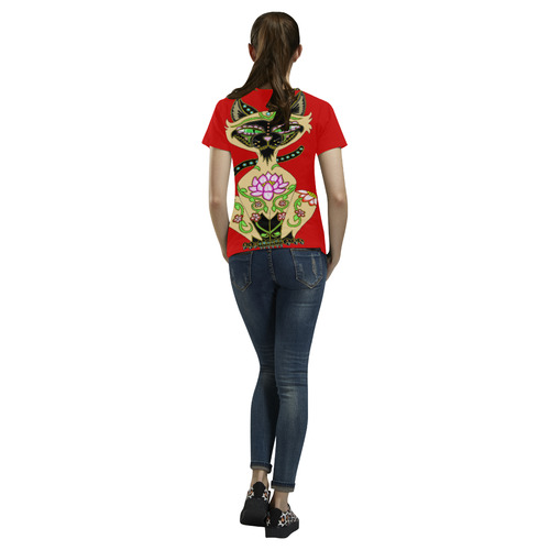 Siamese Cat Sugar Skull Red All Over Print T-Shirt for Women (USA Size) (Model T40)