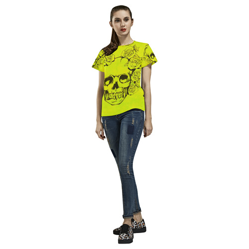 Skull with roses, yellow All Over Print T-Shirt for Women (USA Size) (Model T40)