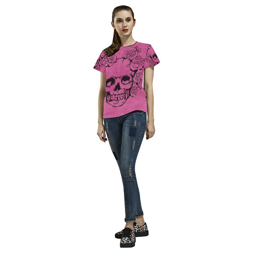 Skull with roses, pink All Over Print T-Shirt for Women (USA Size) (Model T40)