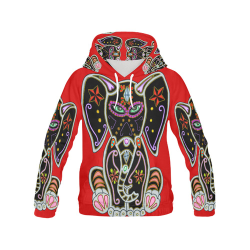 Mystical Sugar Skull Elephant Red All Over Print Hoodie for Women (USA Size) (Model H13)