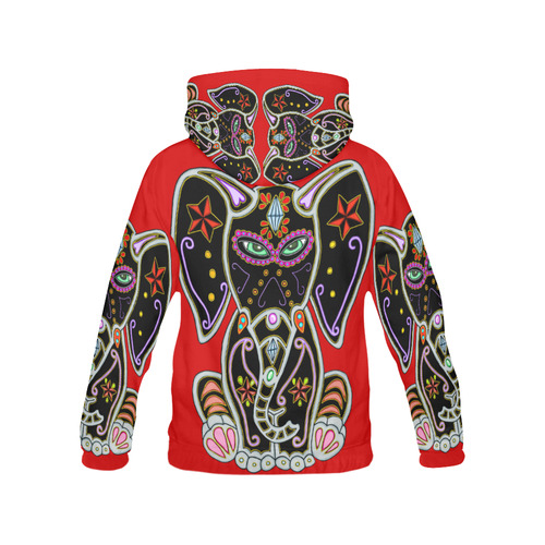 Mystical Sugar Skull Elephant Red All Over Print Hoodie for Women (USA Size) (Model H13)