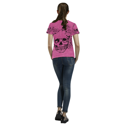 Skull with roses, pink All Over Print T-Shirt for Women (USA Size) (Model T40)