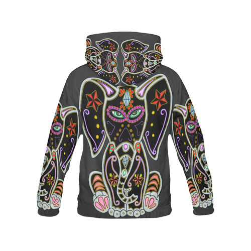 Mystical Sugar Skull Elephant Black All Over Print Hoodie for Women (USA Size) (Model H13)
