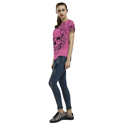 Skull with roses, pink All Over Print T-Shirt for Women (USA Size) (Model T40)