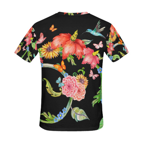 Flowers with Butterflies and Flying Hummingbird All Over Print T-Shirt for Men (USA Size) (Model T40)