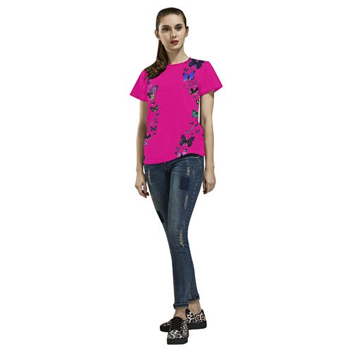 Butterflies on Pink All Over Print T-Shirt for Women (USA Size) (Model T40)