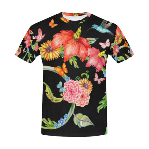 Flowers with Butterflies and Flying Hummingbird All Over Print T-Shirt for Men (USA Size) (Model T40)