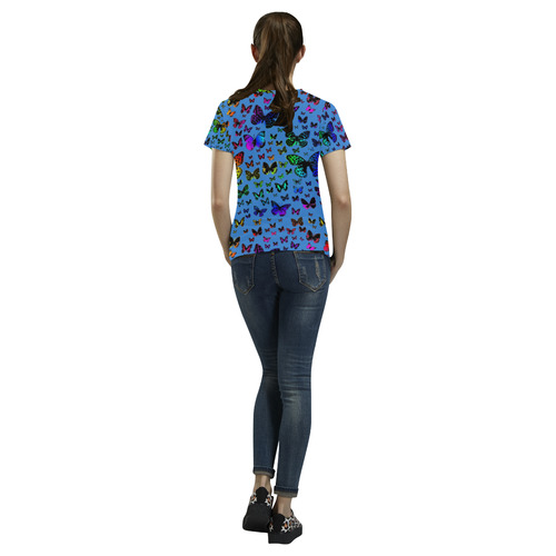 Rainbow Butterflies on Blue All Over Print T-Shirt for Women (USA Size) (Model T40)