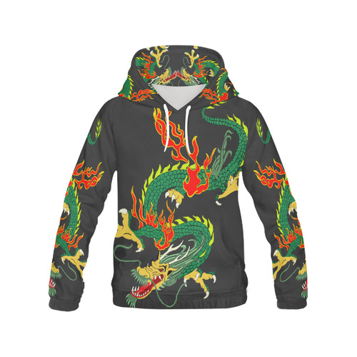 Green Chinese Dragon Black All Over Print Hoodie for Women (USA Size) (Model H13)