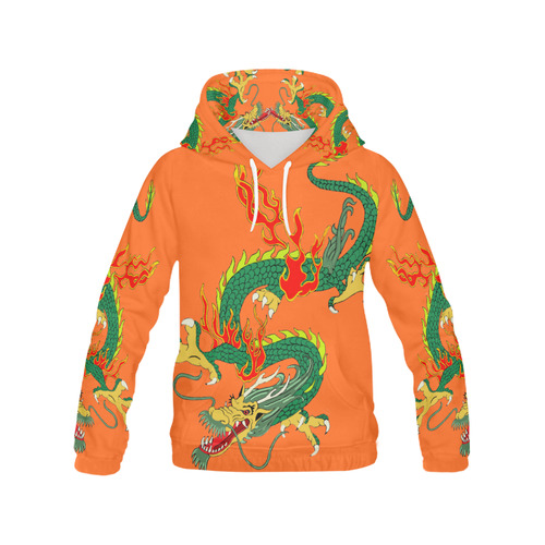 Green Chinese Dragon Orange All Over Print Hoodie for Women (USA Size) (Model H13)