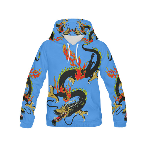 Black Chinese Dragon Blue All Over Print Hoodie for Women (USA Size) (Model H13)