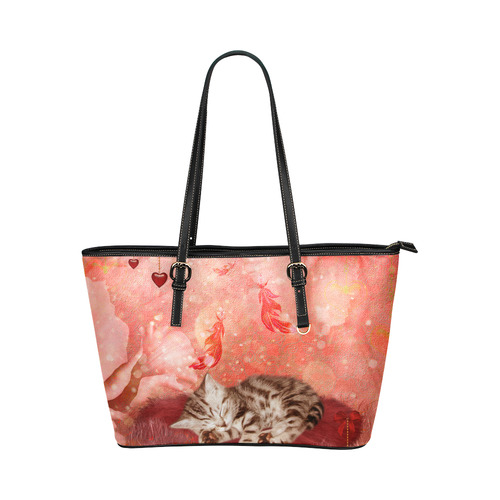 Sweet little sleeping kitten Leather Tote Bag/Small (Model 1651)