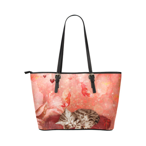 Sweet little sleeping kitten Leather Tote Bag/Small (Model 1651)