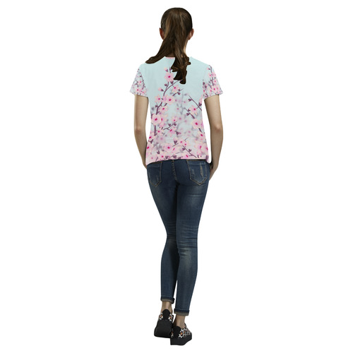 Floral Cherry Blossoms Pastel Landscape All Over Print T-Shirt for Women (USA Size) (Model T40)