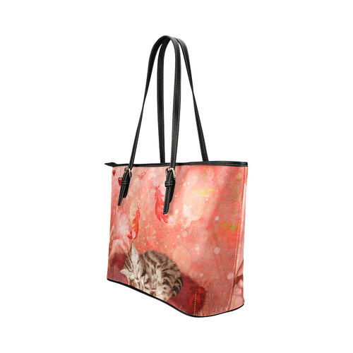 Sweet little sleeping kitten Leather Tote Bag/Small (Model 1651)