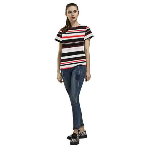 black white and red stripes All Over Print T-Shirt for Women (USA Size) (Model T40)