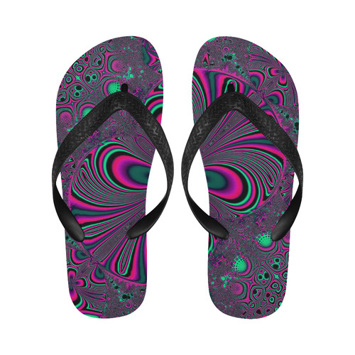 Hot Pink Neon Green Butterfly Fractal Flip Flops for Men/Women (Model 040)