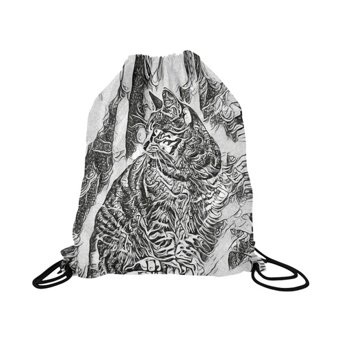 Black White Drawing of a CAT Large Drawstring Bag Model 1604 (Twin Sides)  16.5"(W) * 19.3"(H)